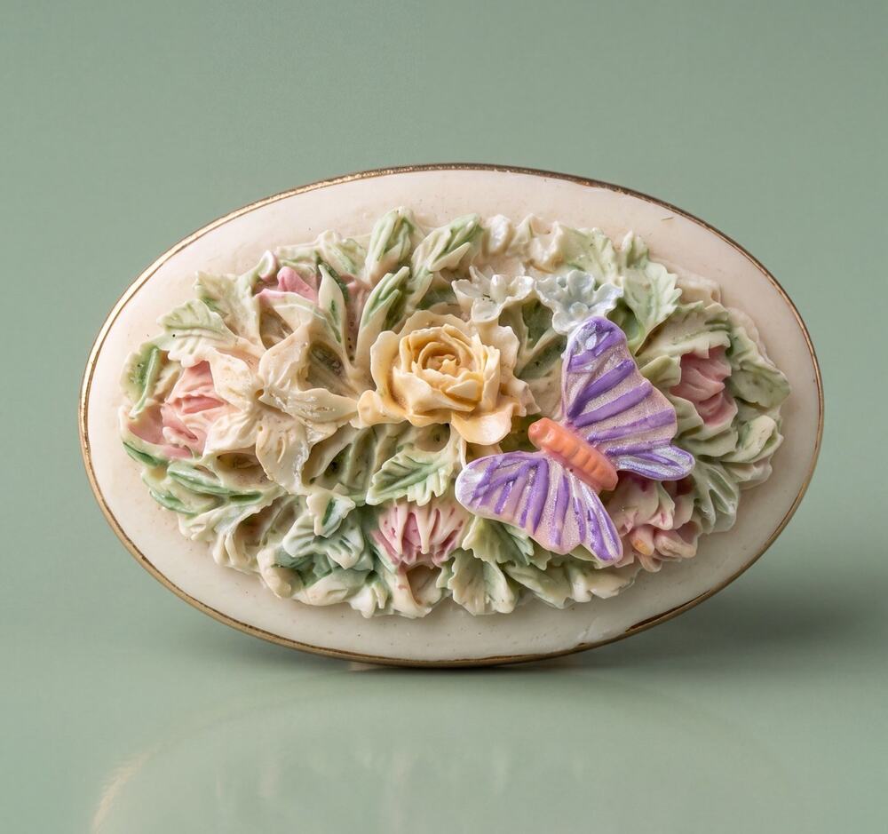 Vintage Floral Butterfly Trinket Ring Box Pastel Raised Flowers Oval Cottagecore